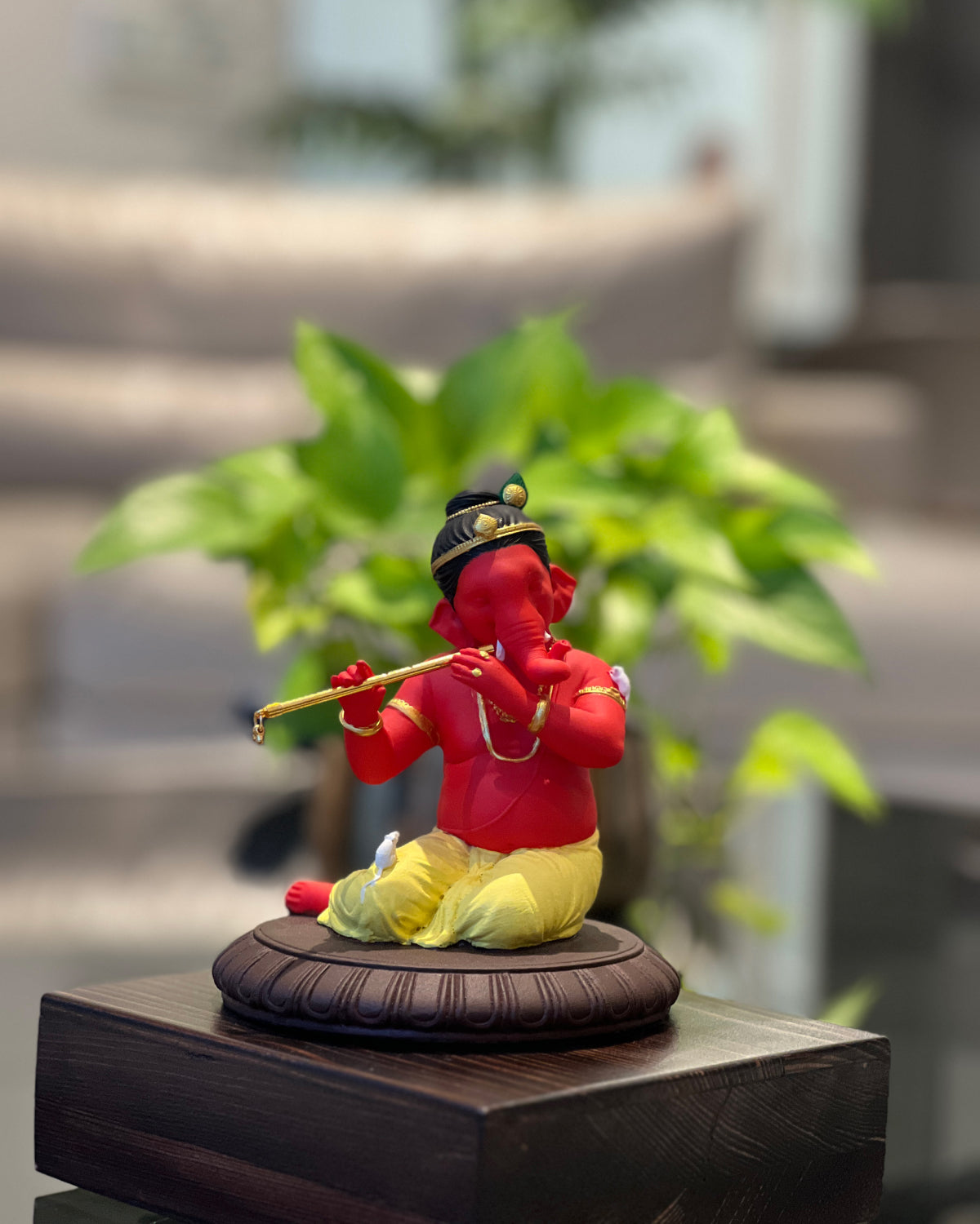 Flute Playing Ganesha 6" (Sindoor)