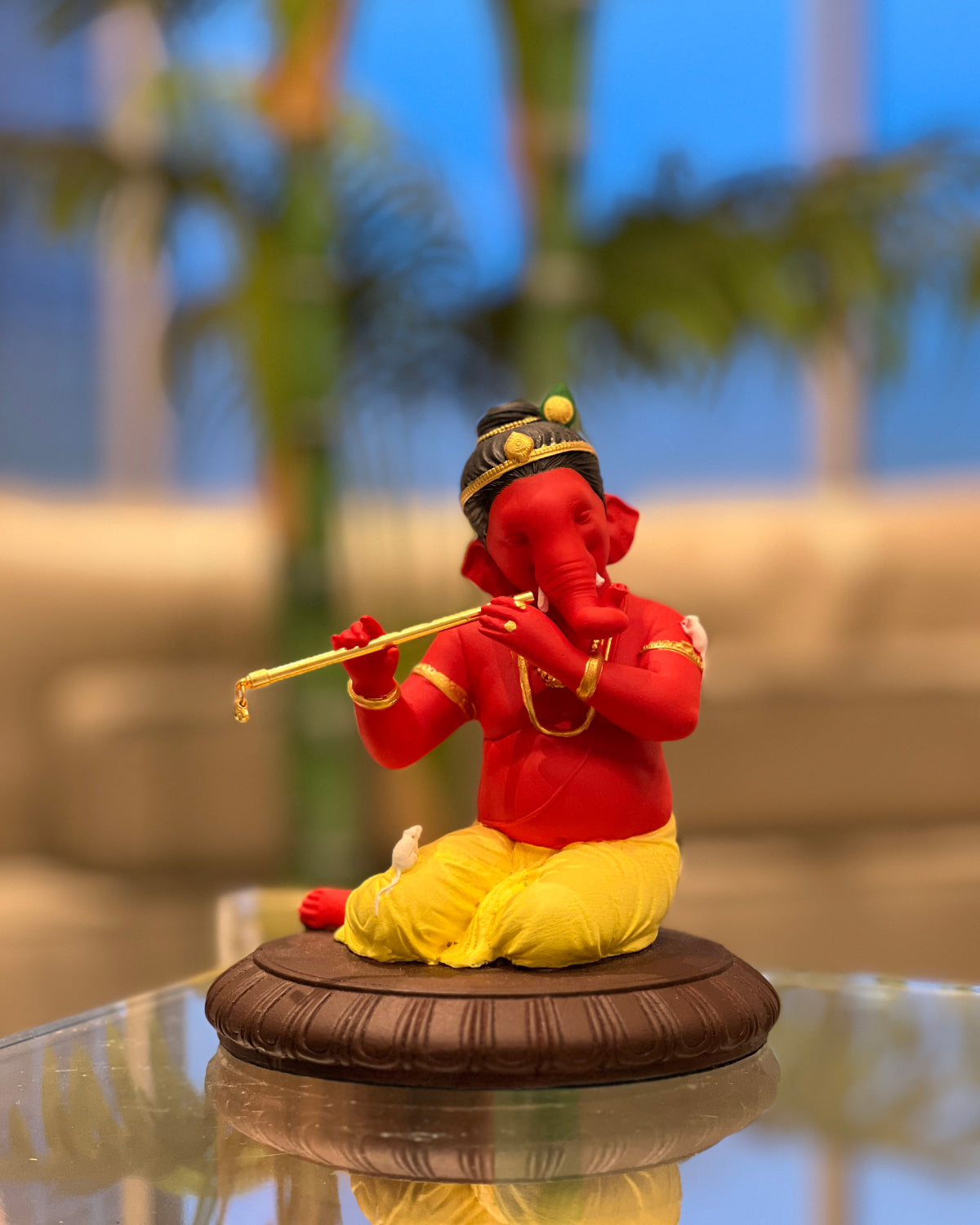 Flute Playing Ganesha 6" (Sindoor)